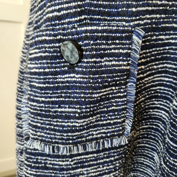 Tweed Fall Sheath Dress Navy Blue White Stripes Sleeveless Fringe Paris Size 10 - Picture 8 of 17